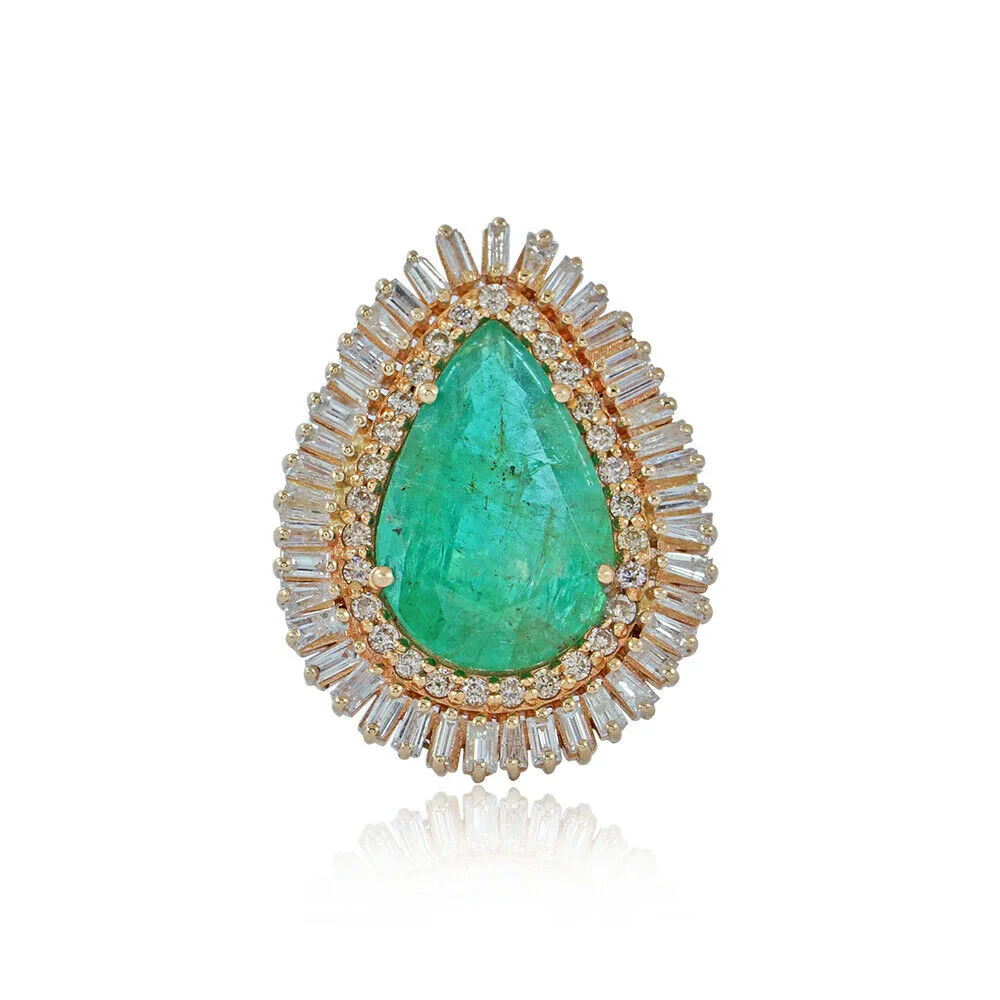 14k Solid Yellow Gold Jewelry Natural Baguette Diamond Emerald Cocktail Ring