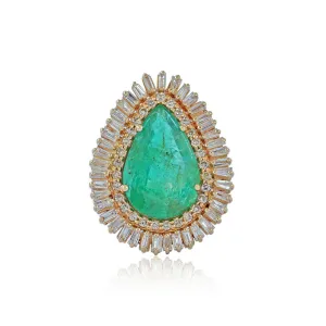 14k Solid Yellow Gold Jewelry Natural Baguette Diamond Emerald Cocktail Ring