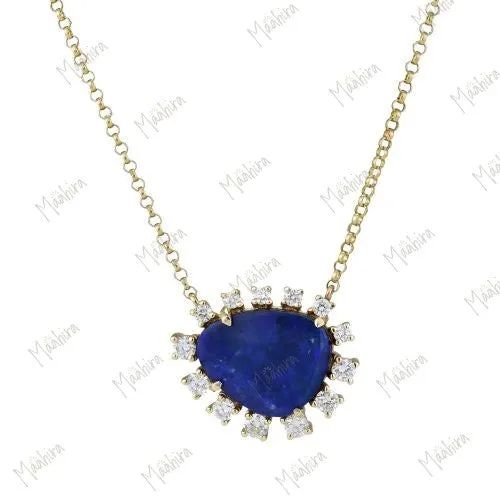 14K Yellow Gold Diamond Australian Opal  Necklace