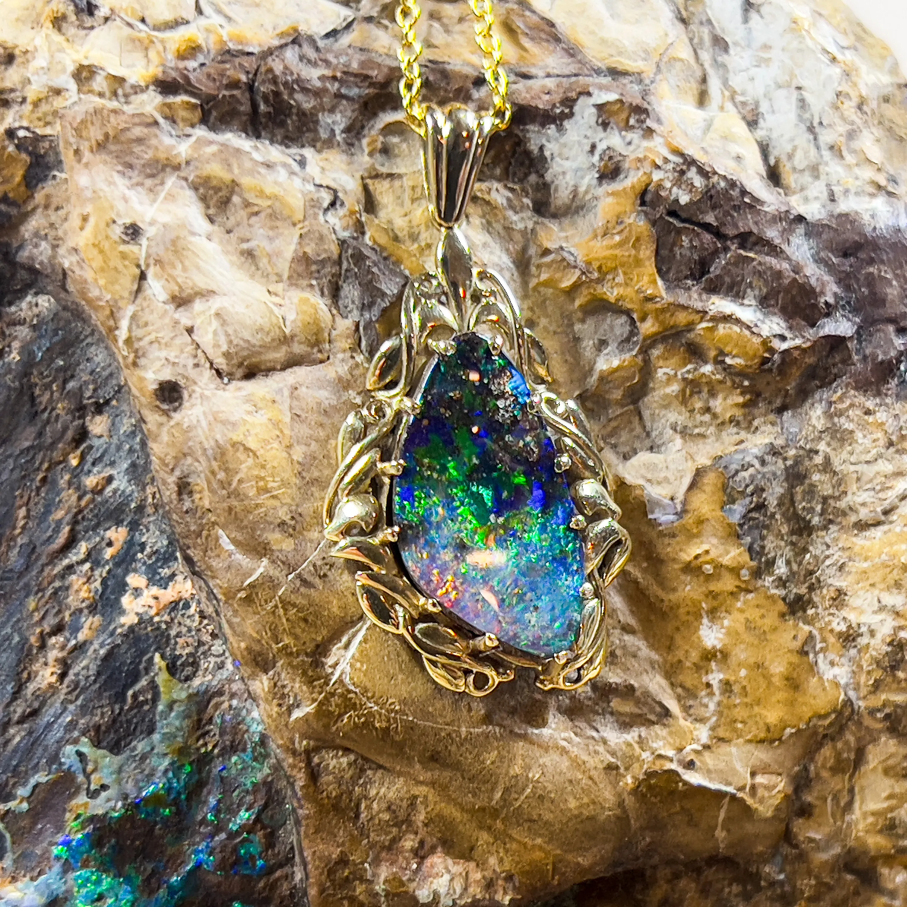 14Kt Yellow Gold Pendant - 4.86ct Boulder Opal, Dainty Heart Necklace, Birthstone Jewelry, Opal & Crystal Necklace, Perfect Gift for Her