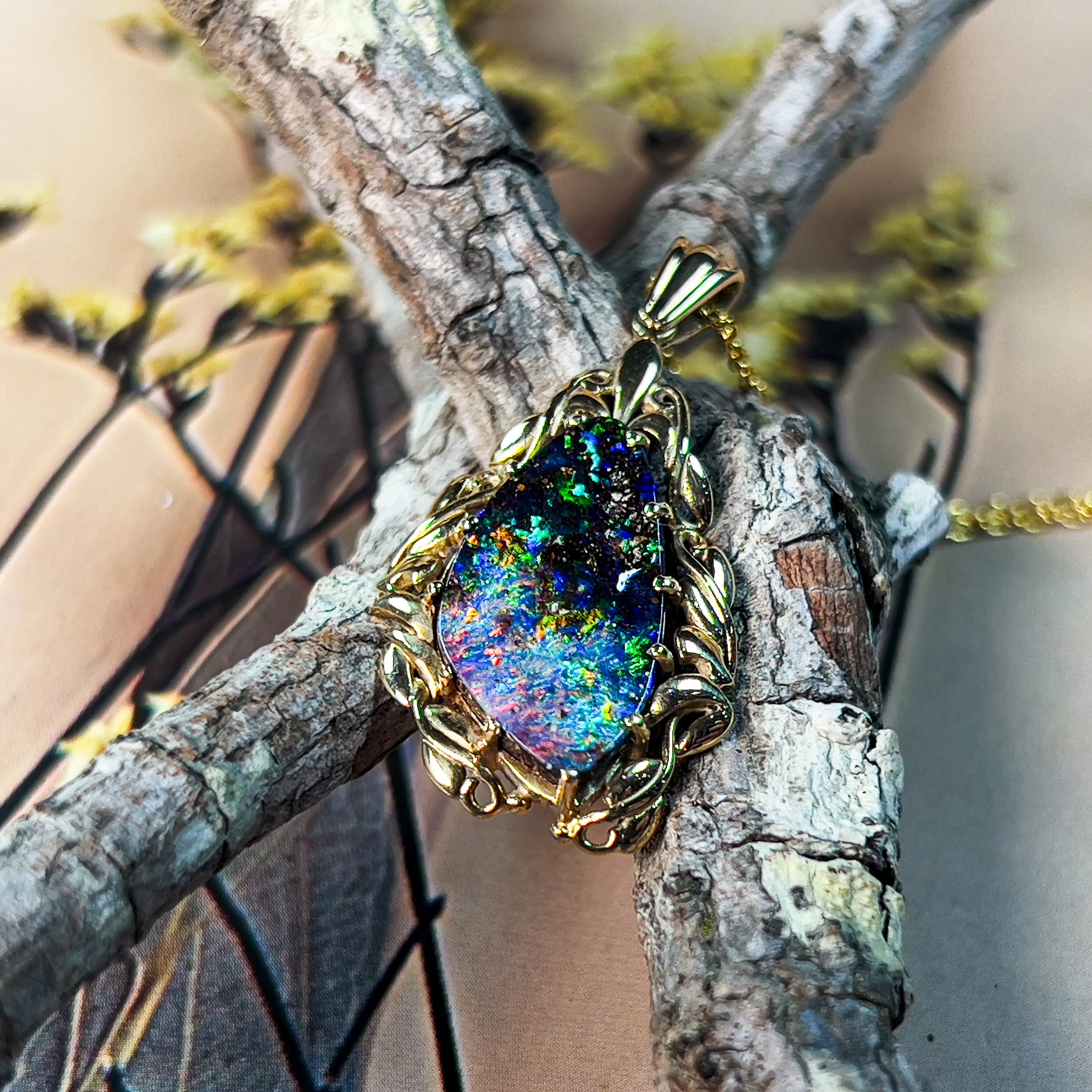 14Kt Yellow Gold Pendant - 4.86ct Boulder Opal, Dainty Heart Necklace, Birthstone Jewelry, Opal & Crystal Necklace, Perfect Gift for Her