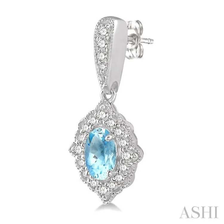 5x3 MM Oval Shape Aquamarine and 1/4 ctw Round Cut Diamond Semi Precious Earrings in 10K White Gold