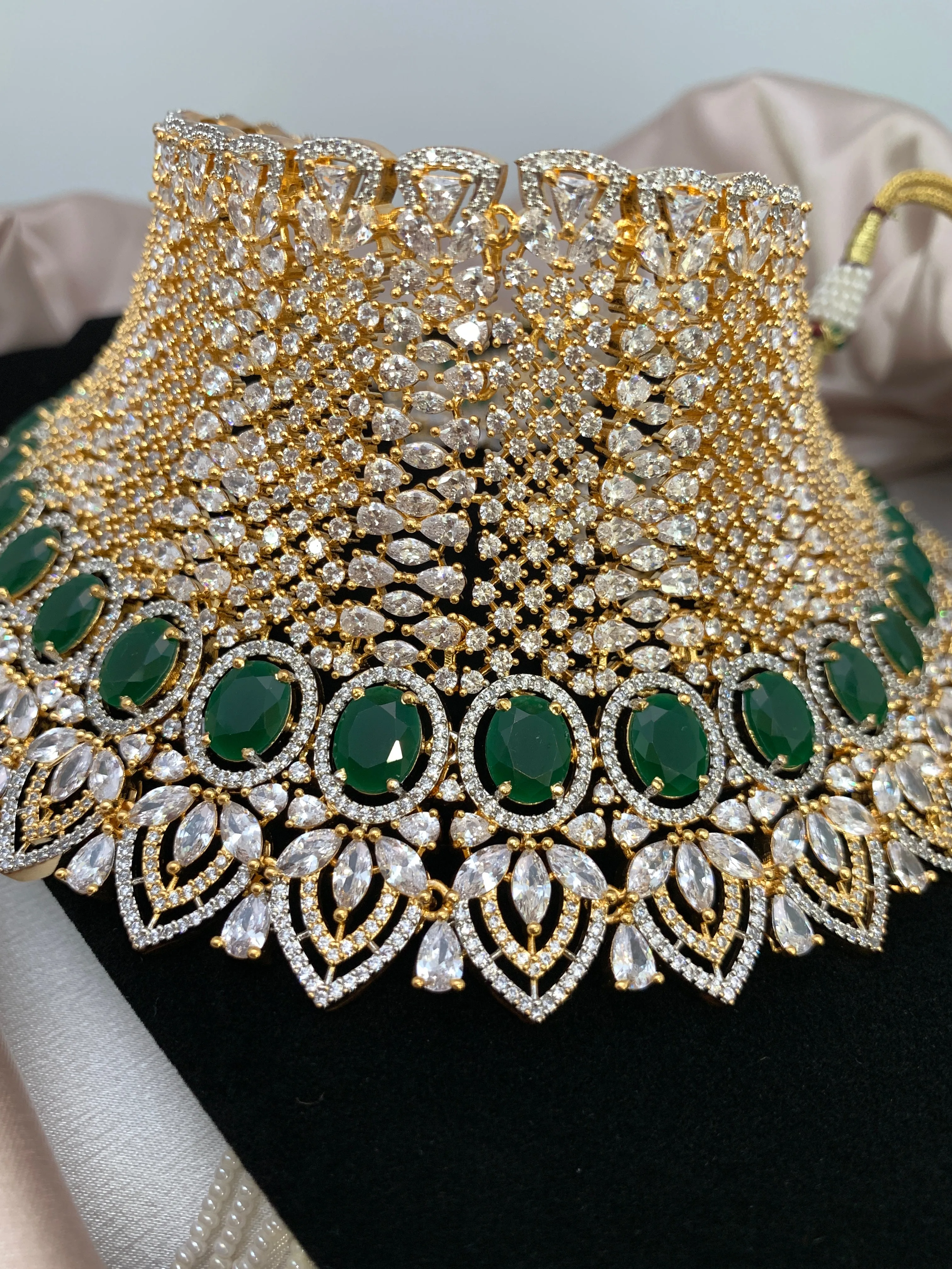 American Diamond Emerald Green Stone Bridal Choker