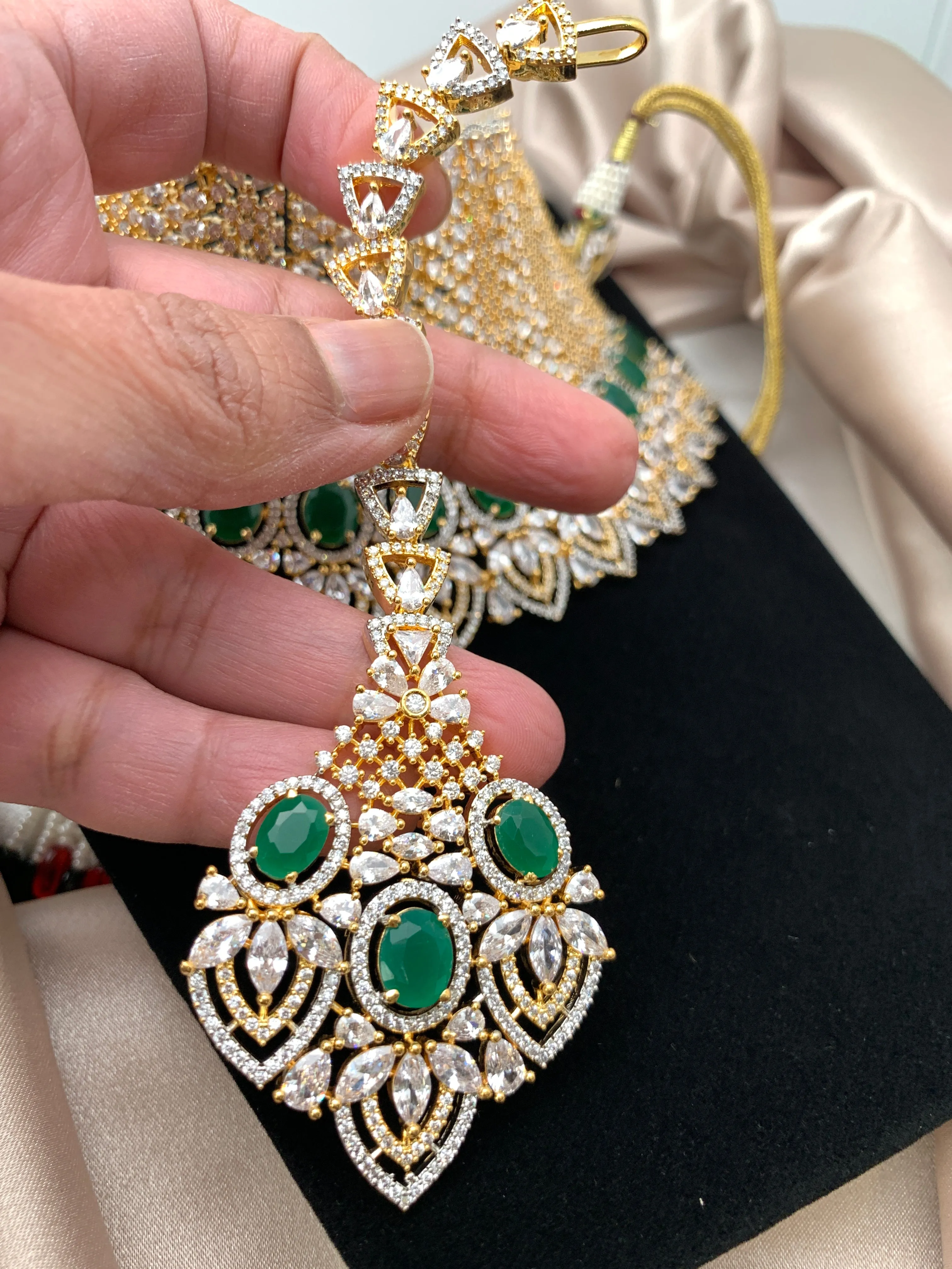 American Diamond Emerald Green Stone Bridal Choker