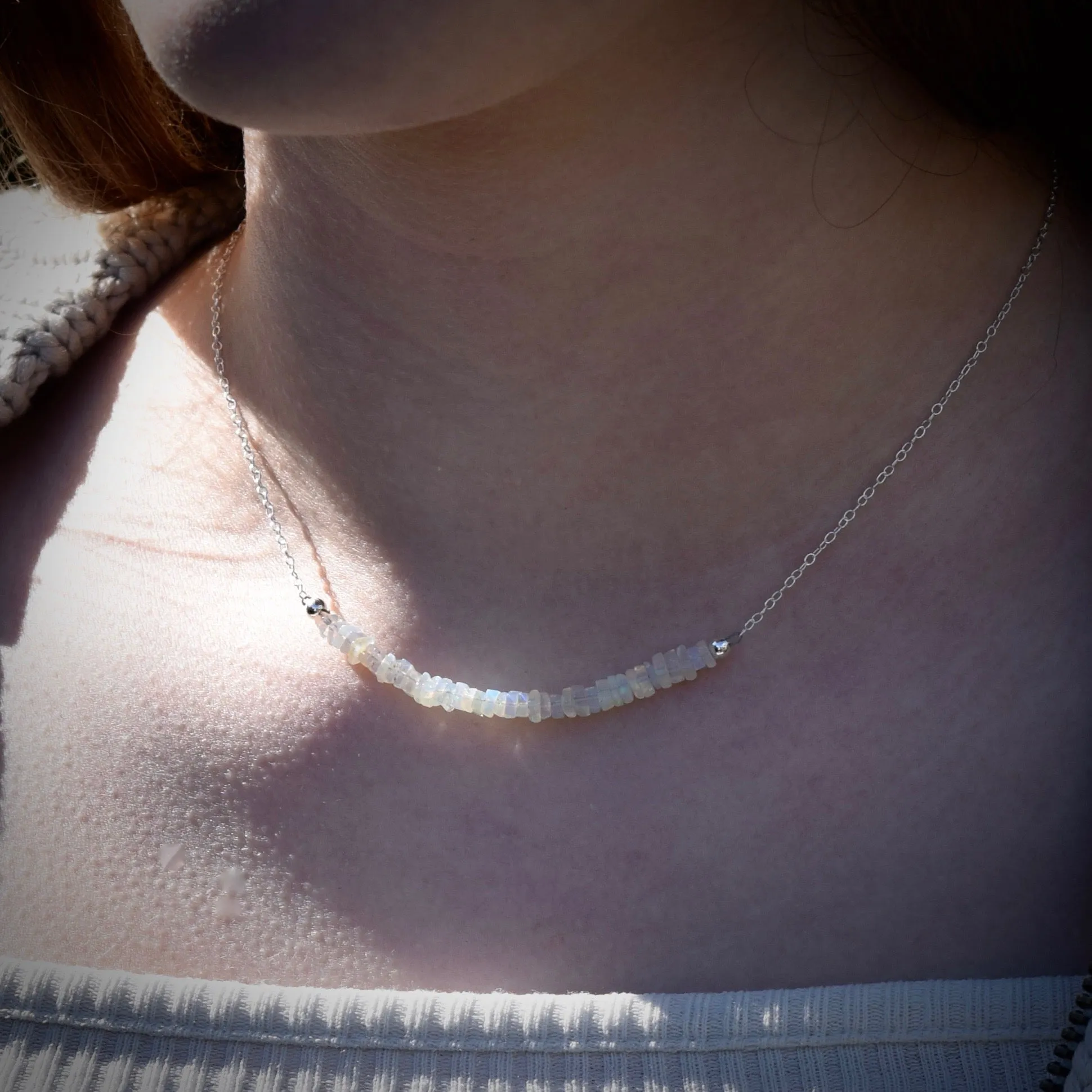 Dainty Opal & Sterling Silver Necklace ~ Opal Gemstone Bar Necklace