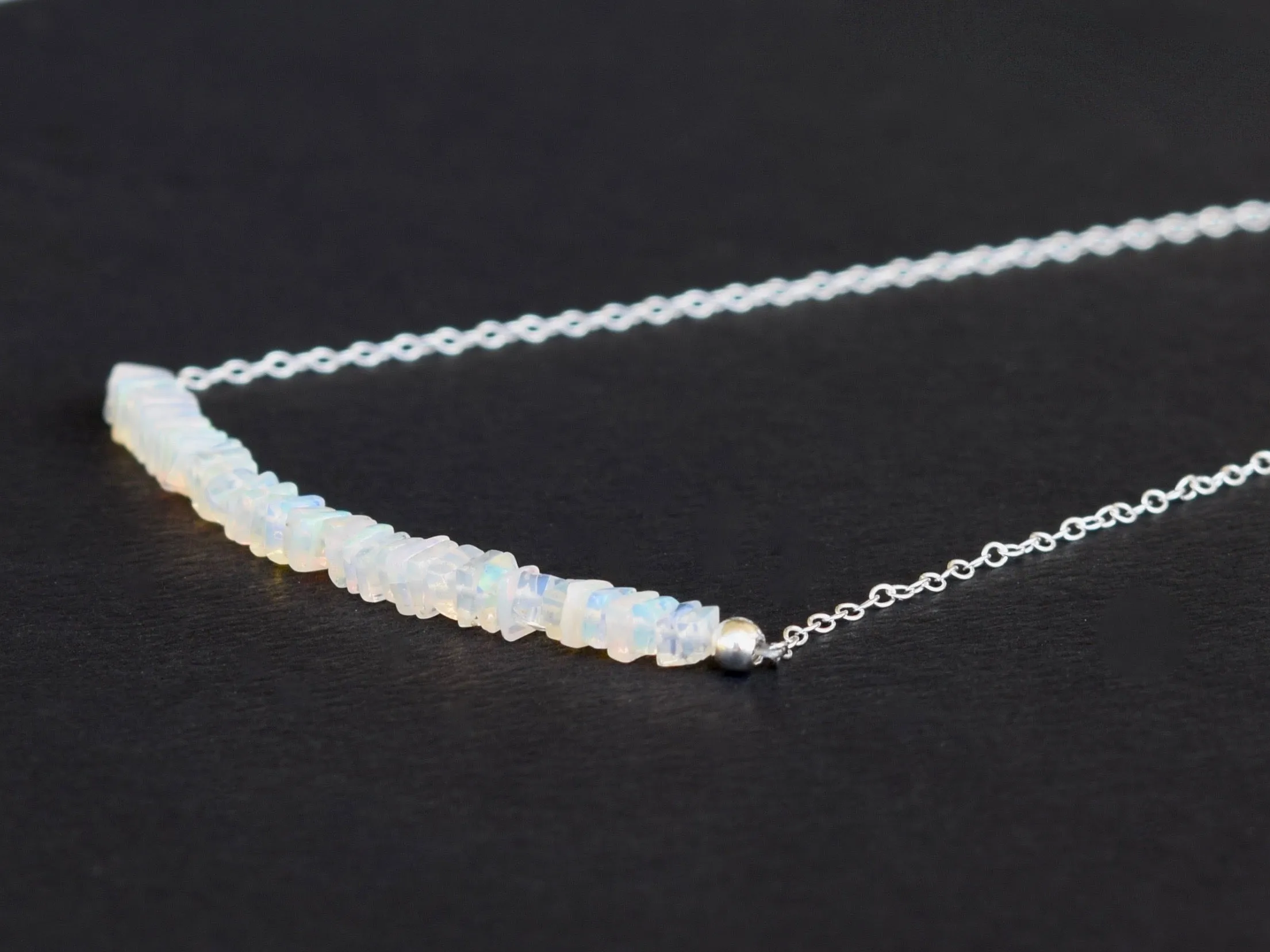 Dainty Opal & Sterling Silver Necklace ~ Opal Gemstone Bar Necklace