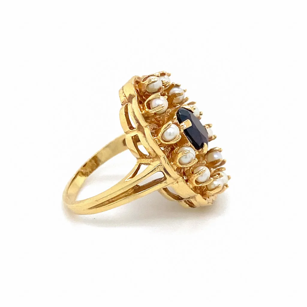 Floral Garnet Pearl Halo Wirework Ring, 14K Yellow Gold Vintage Circa 1970
