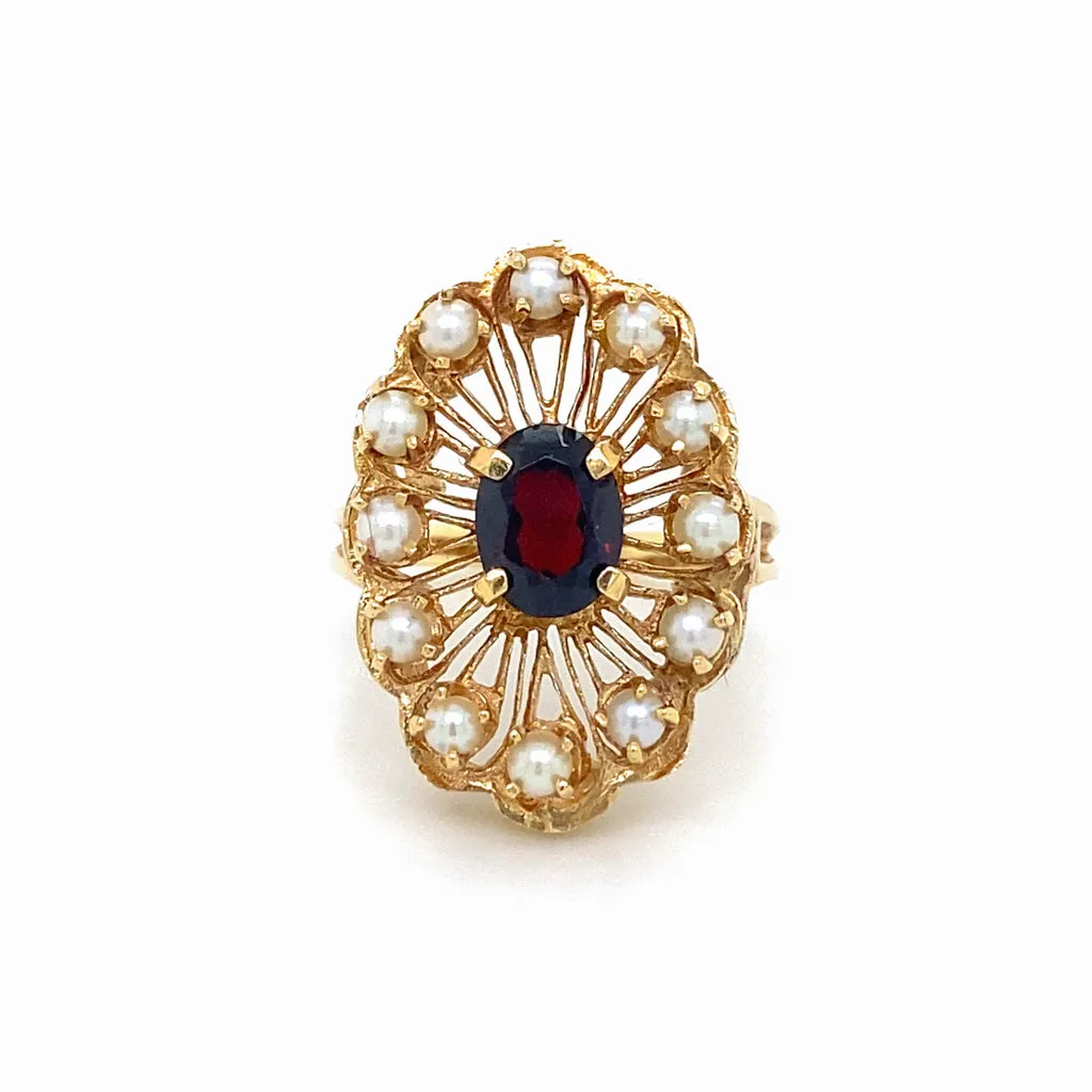 Floral Garnet Pearl Halo Wirework Ring, 14K Yellow Gold Vintage Circa 1970