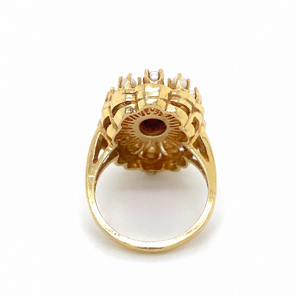 Floral Garnet Pearl Halo Wirework Ring, 14K Yellow Gold Vintage Circa 1970