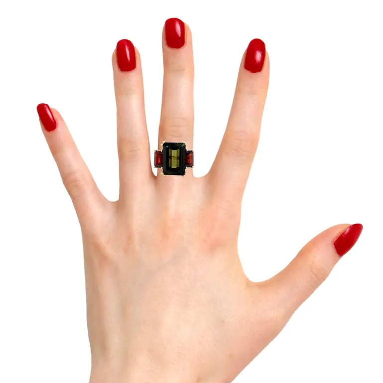 Green Tourmaline and Red Garnet 3-Stone Cocktail Ring, Yellow and Rose Gold