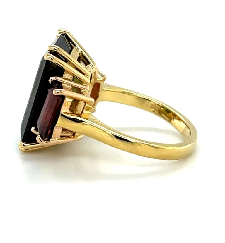Green Tourmaline and Red Garnet 3-Stone Cocktail Ring, Yellow and Rose Gold