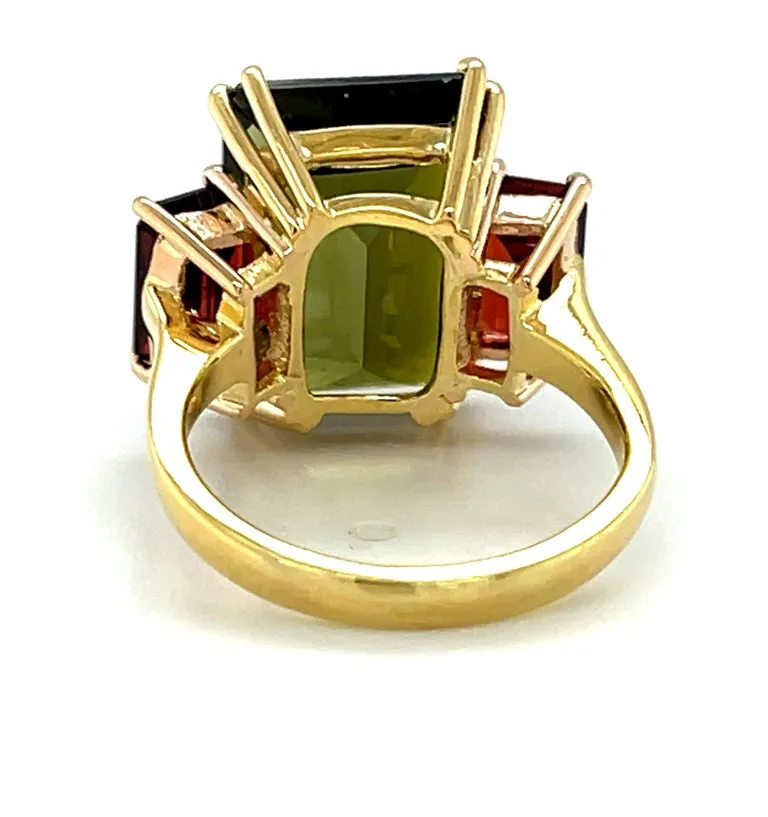 Green Tourmaline and Red Garnet 3-Stone Cocktail Ring, Yellow and Rose Gold