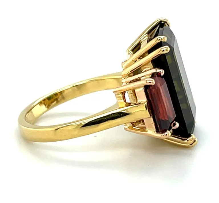 Green Tourmaline and Red Garnet 3-Stone Cocktail Ring, Yellow and Rose Gold
