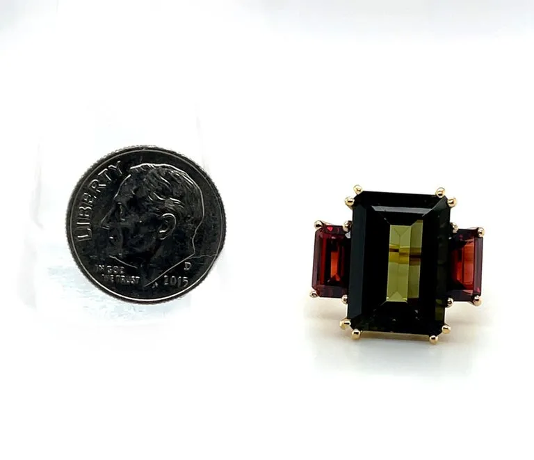 Green Tourmaline and Red Garnet 3-Stone Cocktail Ring, Yellow and Rose Gold