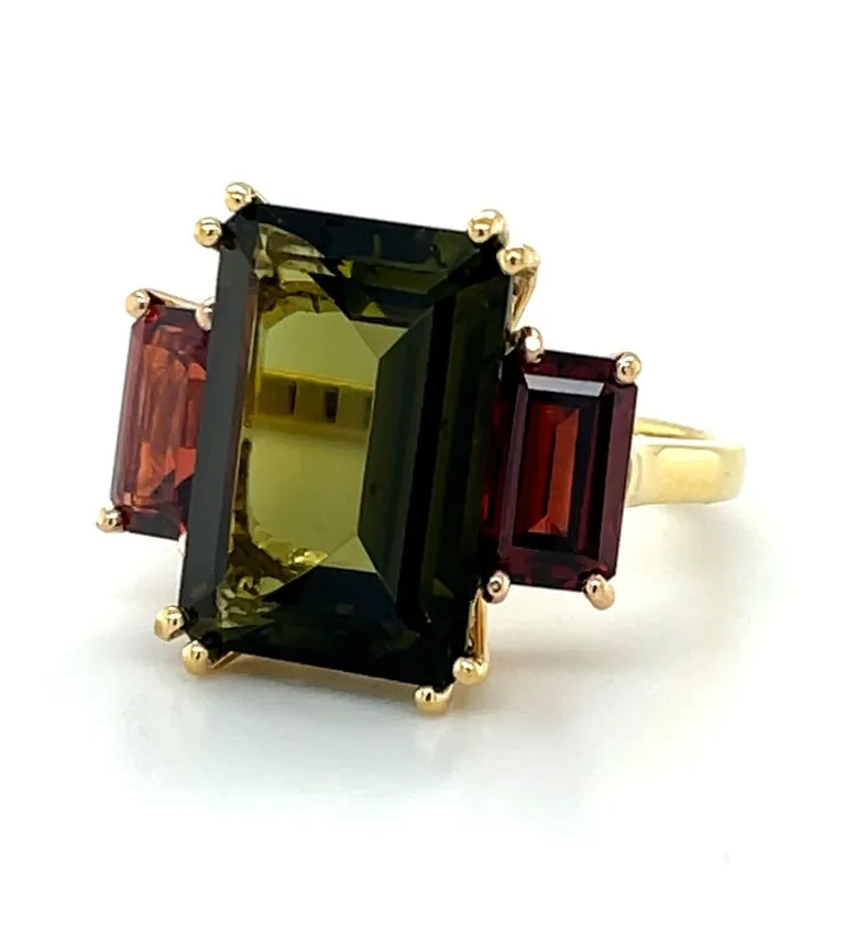 Green Tourmaline and Red Garnet 3-Stone Cocktail Ring, Yellow and Rose Gold