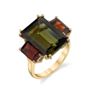 Green Tourmaline and Red Garnet 3-Stone Cocktail Ring, Yellow and Rose Gold
