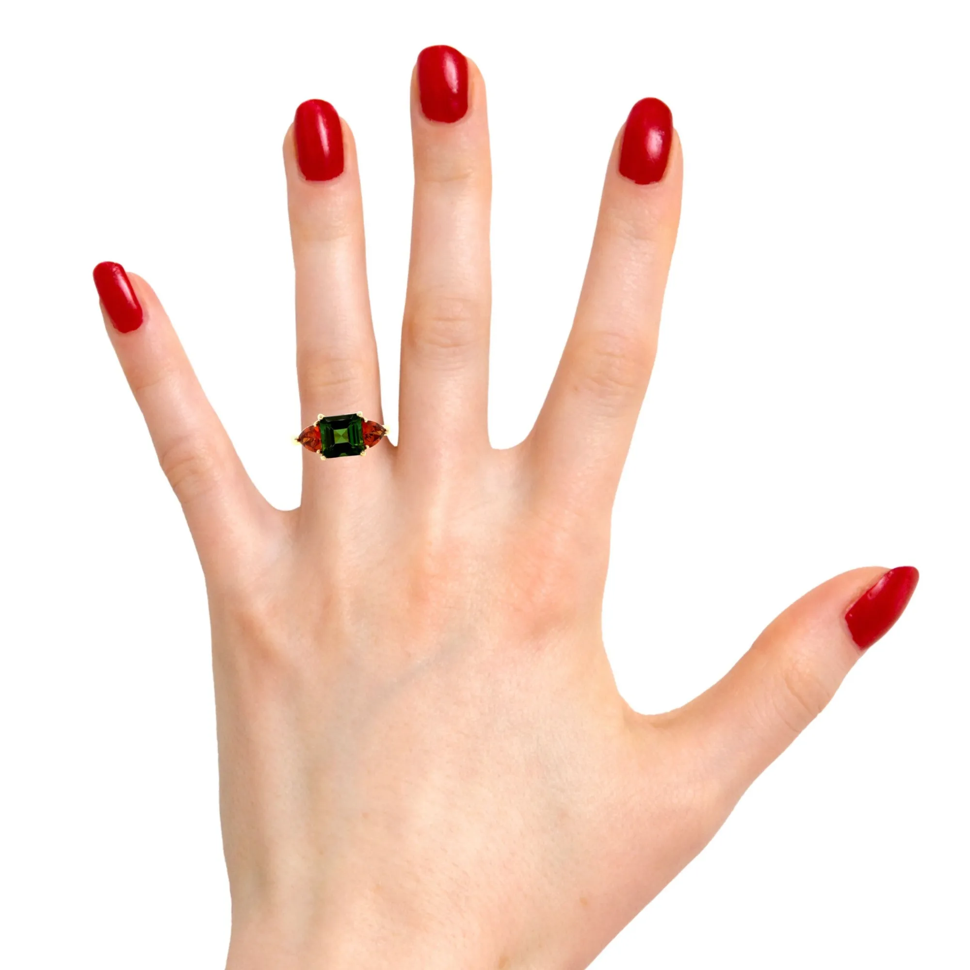 Green Tourmaline and Spessartite Garnet Yellow Gold 3-Stone Cocktail Ring