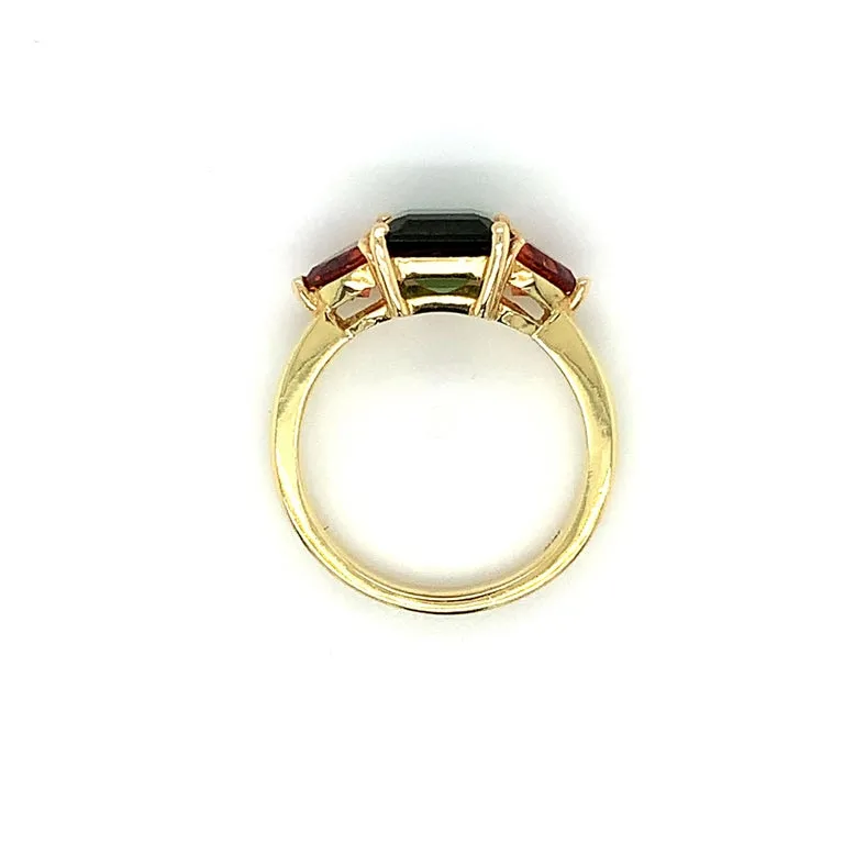 Green Tourmaline and Spessartite Garnet Yellow Gold 3-Stone Cocktail Ring