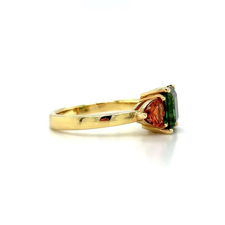 Green Tourmaline and Spessartite Garnet Yellow Gold 3-Stone Cocktail Ring