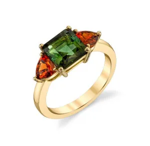Green Tourmaline and Spessartite Garnet Yellow Gold 3-Stone Cocktail Ring