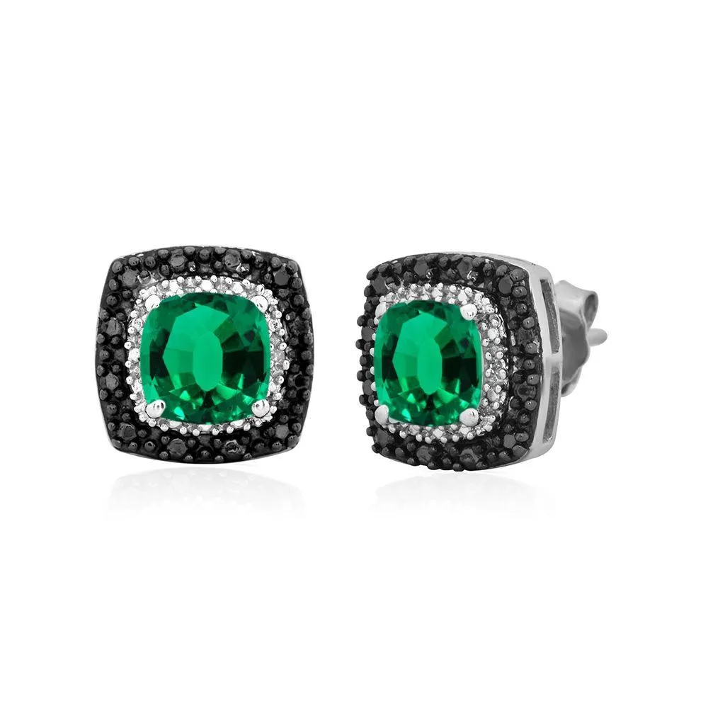 Jewelili Sterling Silver Cushion Shape Created Green Emerald with Treated Black and White Diamonds Stud Earrings