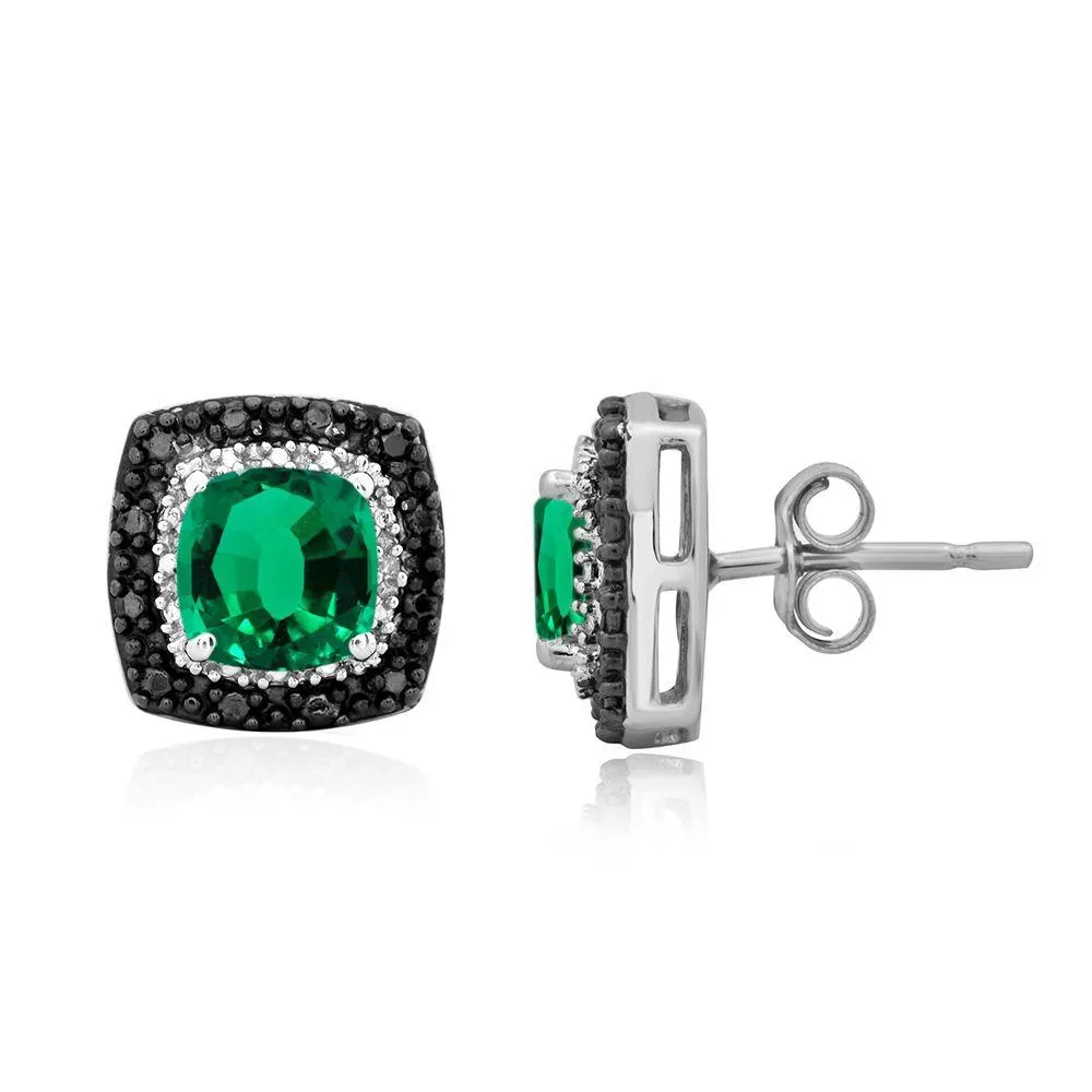 Jewelili Sterling Silver Cushion Shape Created Green Emerald with Treated Black and White Diamonds Stud Earrings