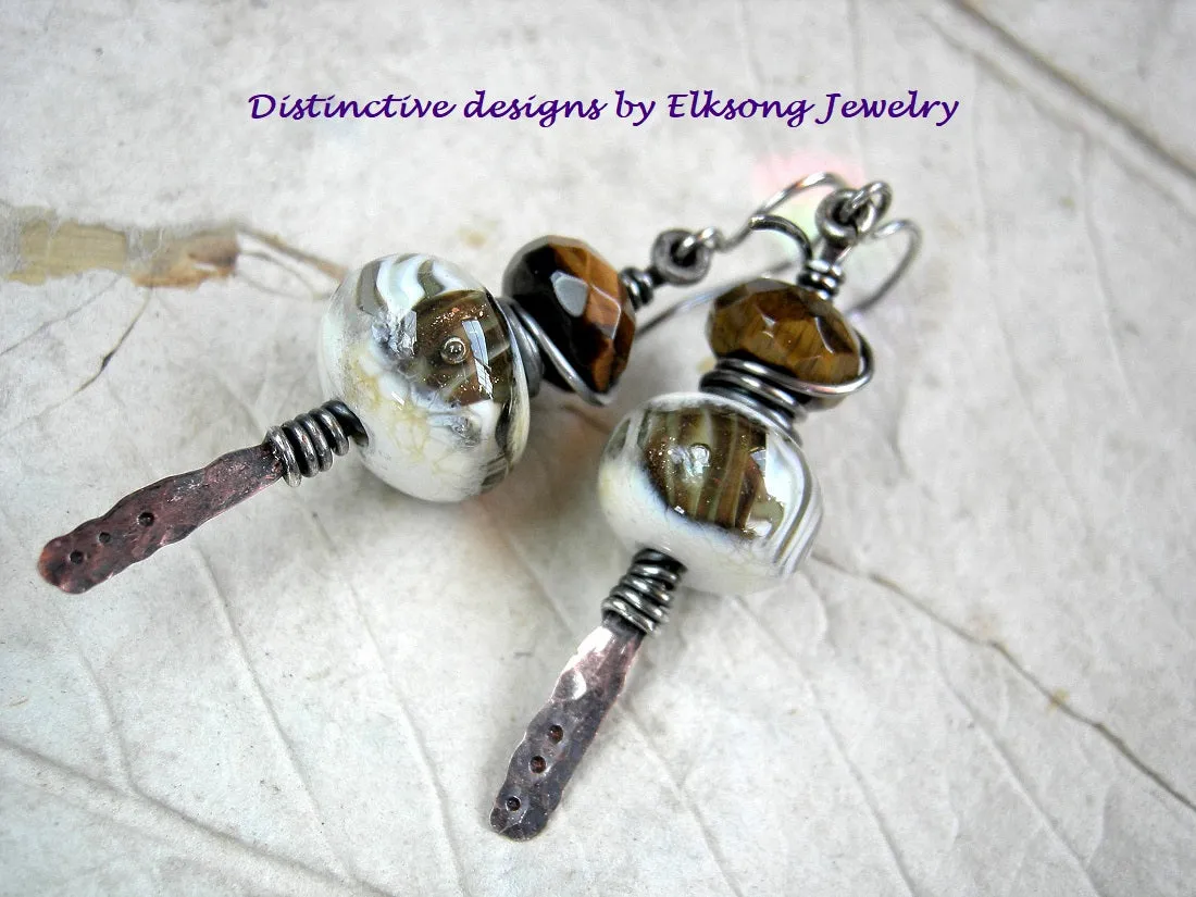 Lampwork Glass & Gemstone Earrings, Rustic Metalwork, Mixed Metal