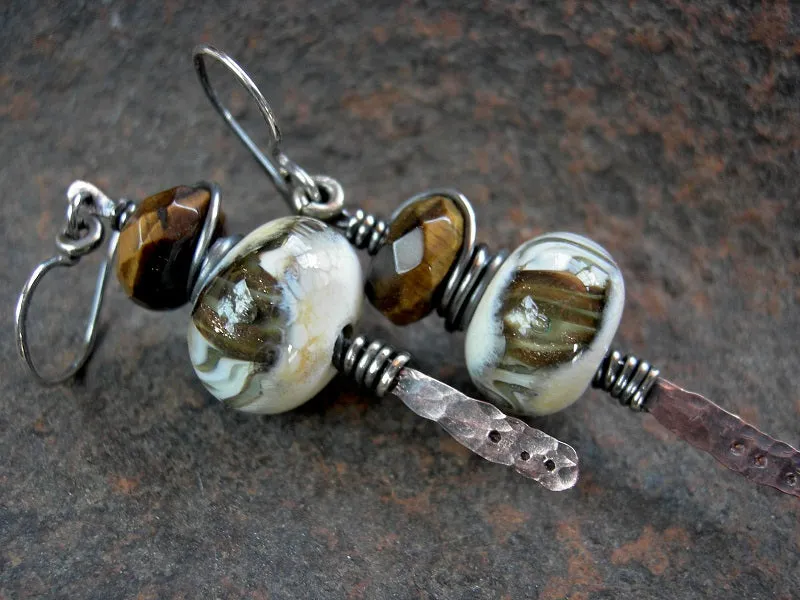 Lampwork Glass & Gemstone Earrings, Rustic Metalwork, Mixed Metal