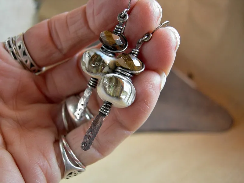 Lampwork Glass & Gemstone Earrings, Rustic Metalwork, Mixed Metal