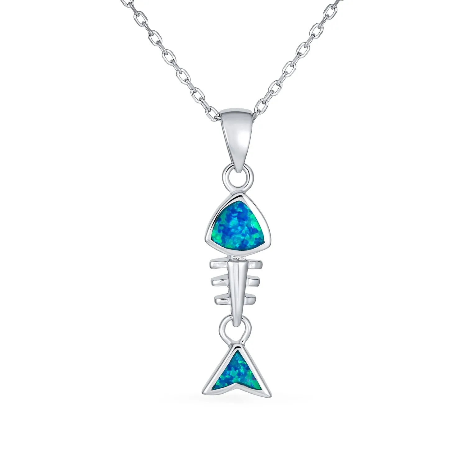 Nautical Gemstone Blue Opal Fishbone Pendant Necklace in Sterling Silver