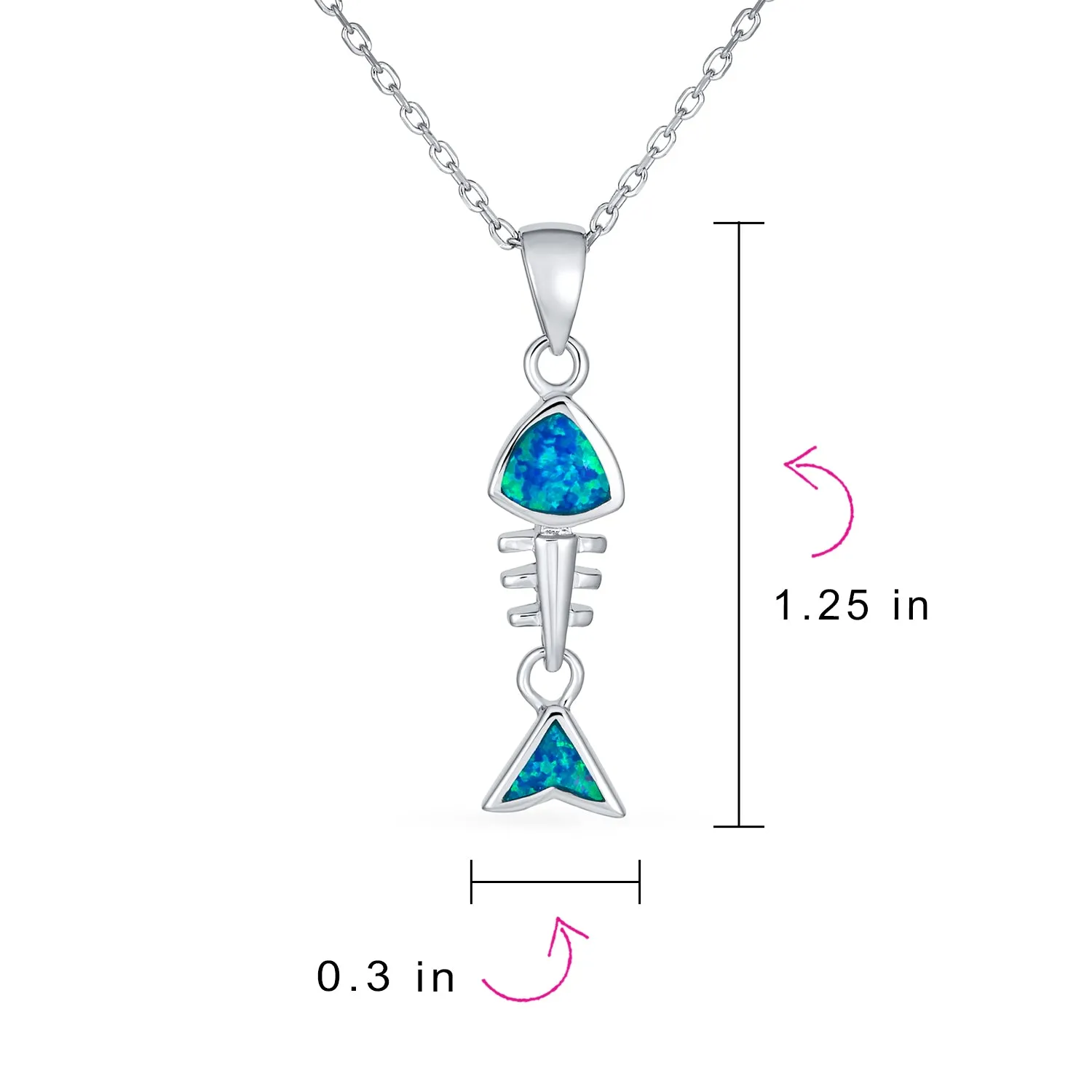 Nautical Gemstone Blue Opal Fishbone Pendant Necklace in Sterling Silver
