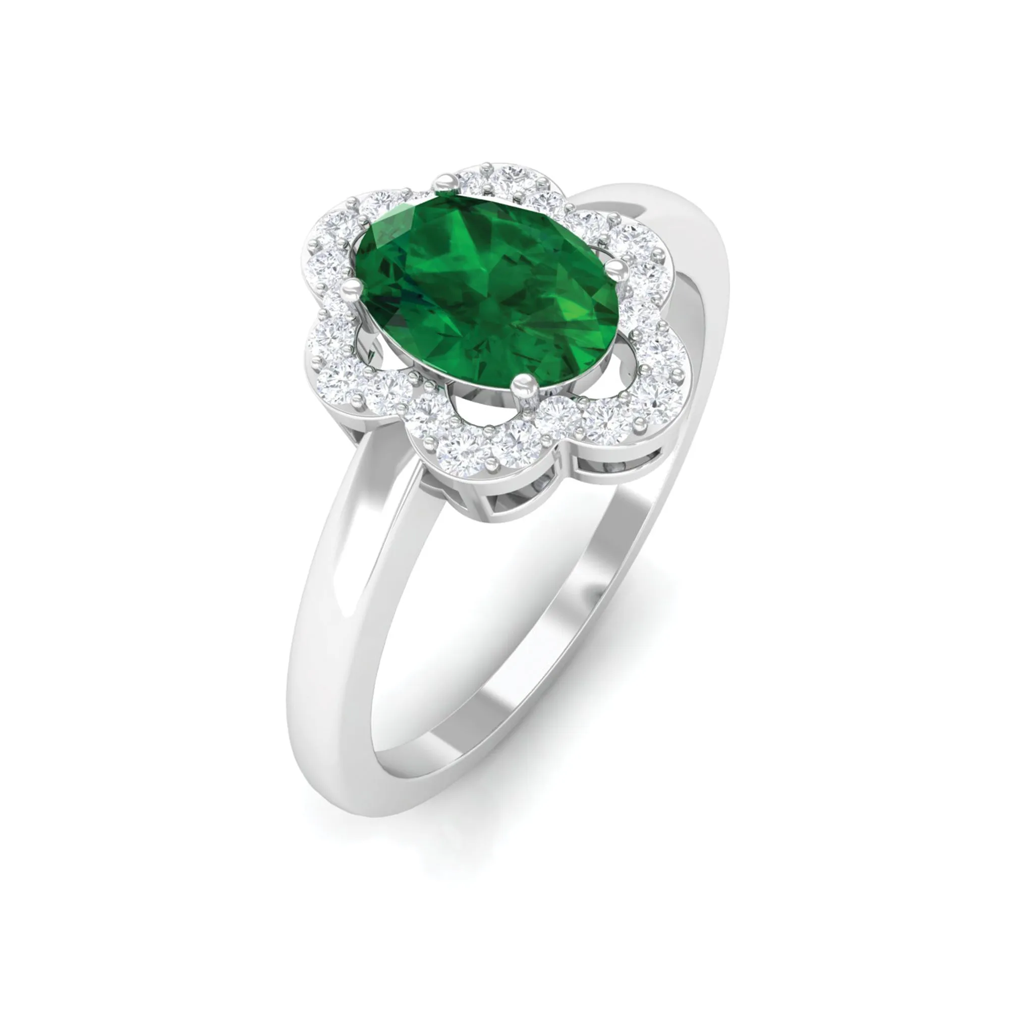 Oval Created Emerald Cocktail Flower Ring with Diamond Accent