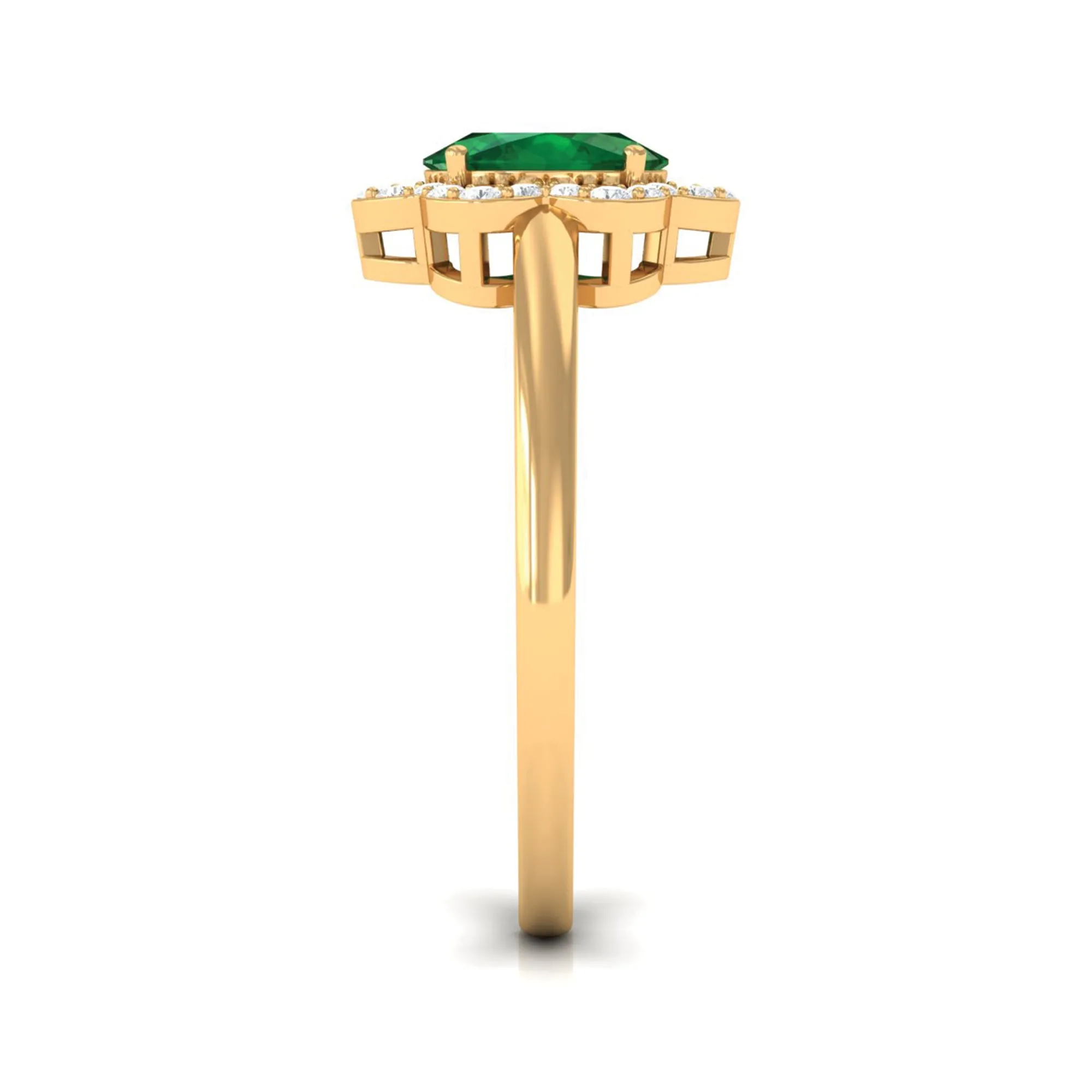 Oval Created Emerald Cocktail Flower Ring with Diamond Accent