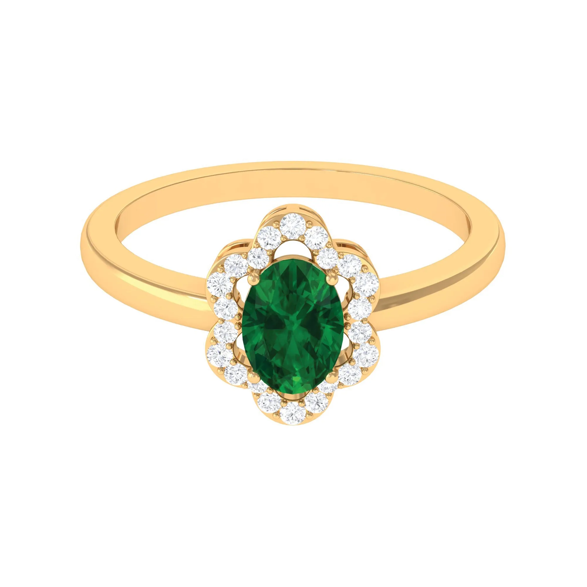 Oval Created Emerald Cocktail Flower Ring with Diamond Accent