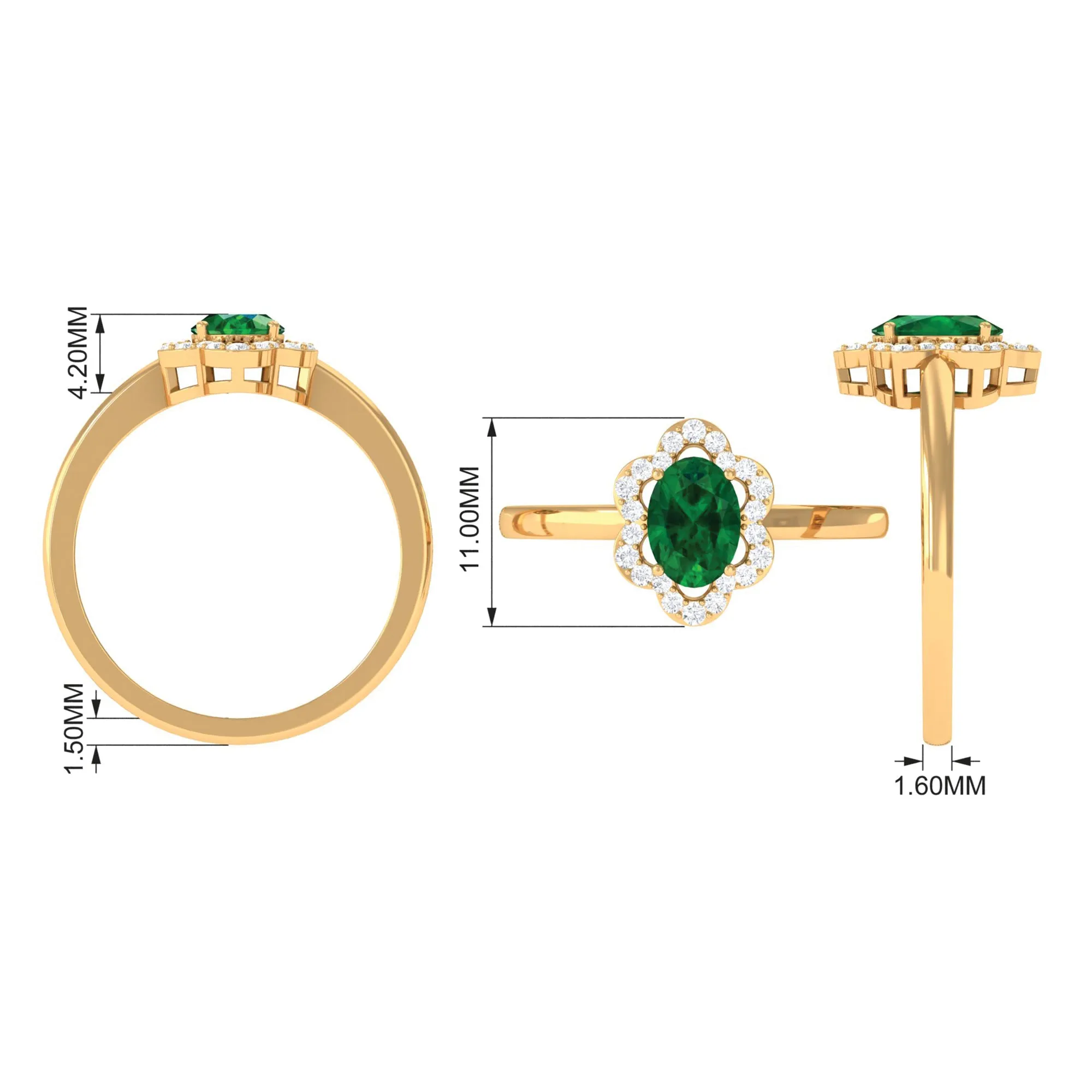 Oval Created Emerald Cocktail Flower Ring with Diamond Accent
