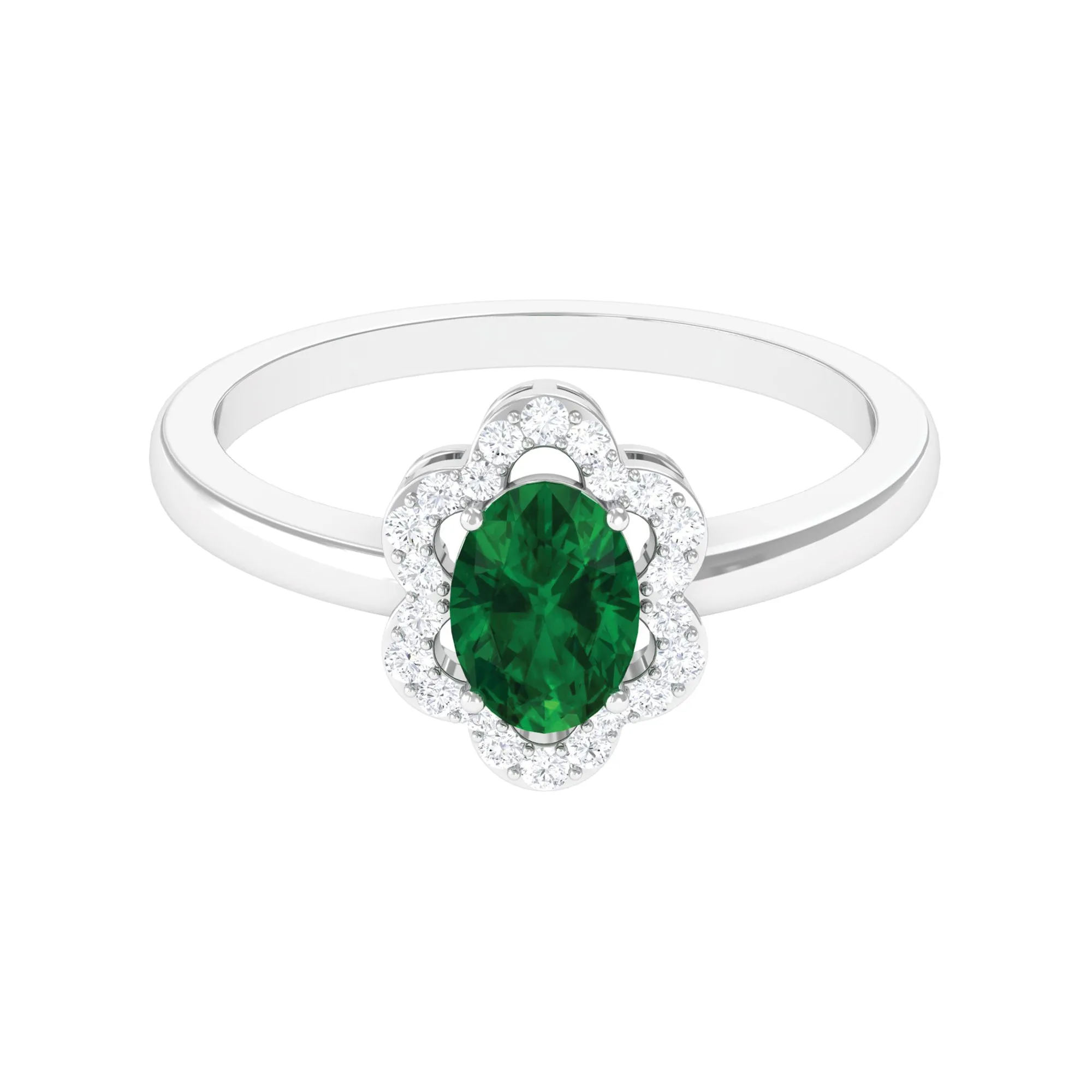 Oval Created Emerald Cocktail Flower Ring with Diamond Accent