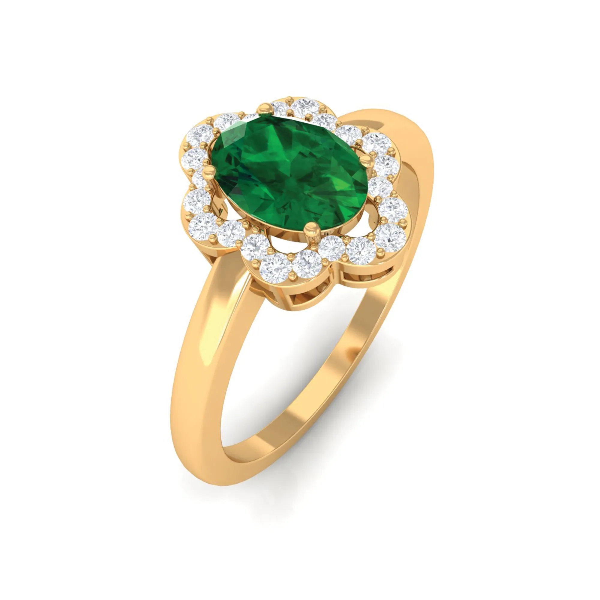 Oval Created Emerald Cocktail Flower Ring with Diamond Accent