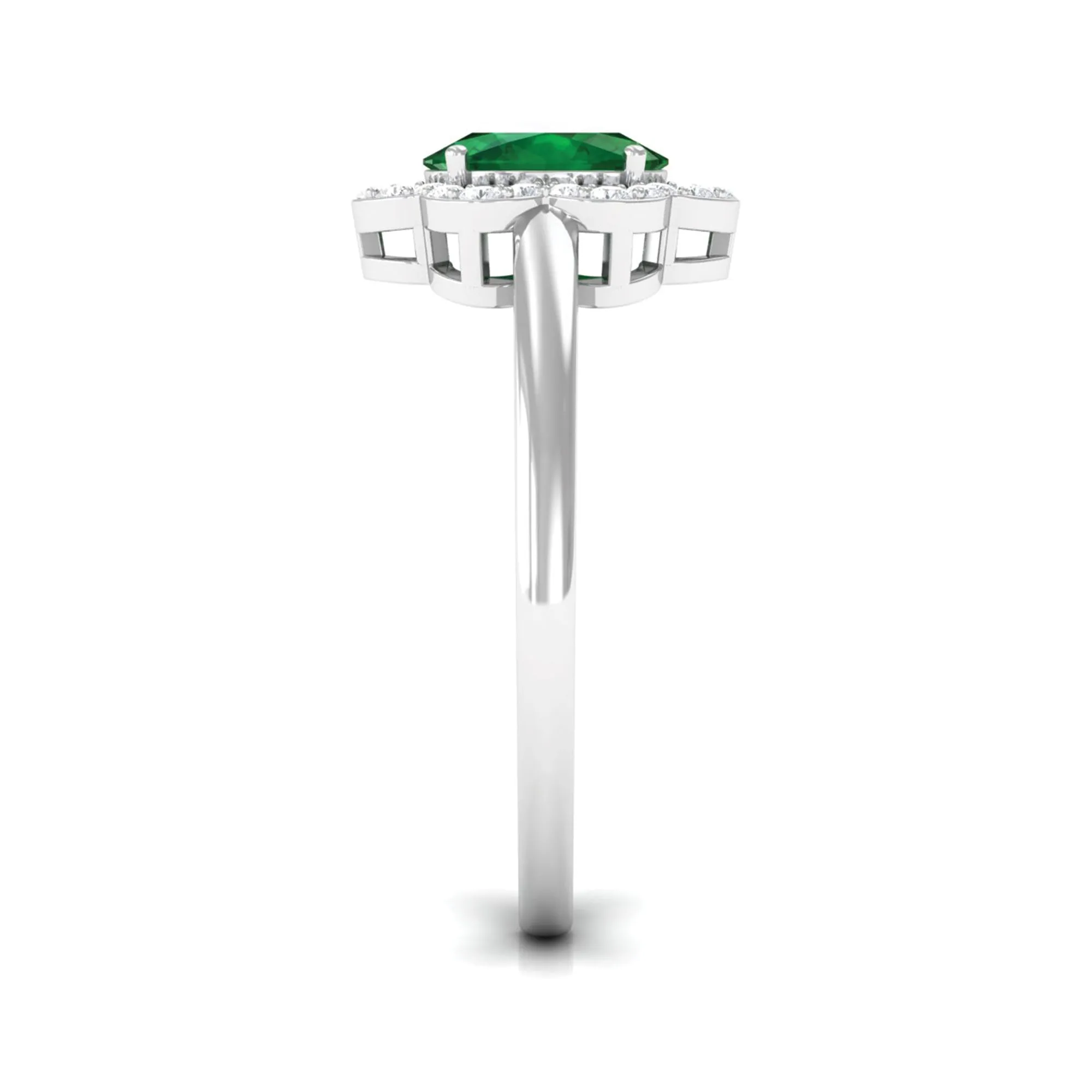 Oval Created Emerald Cocktail Flower Ring with Diamond Accent