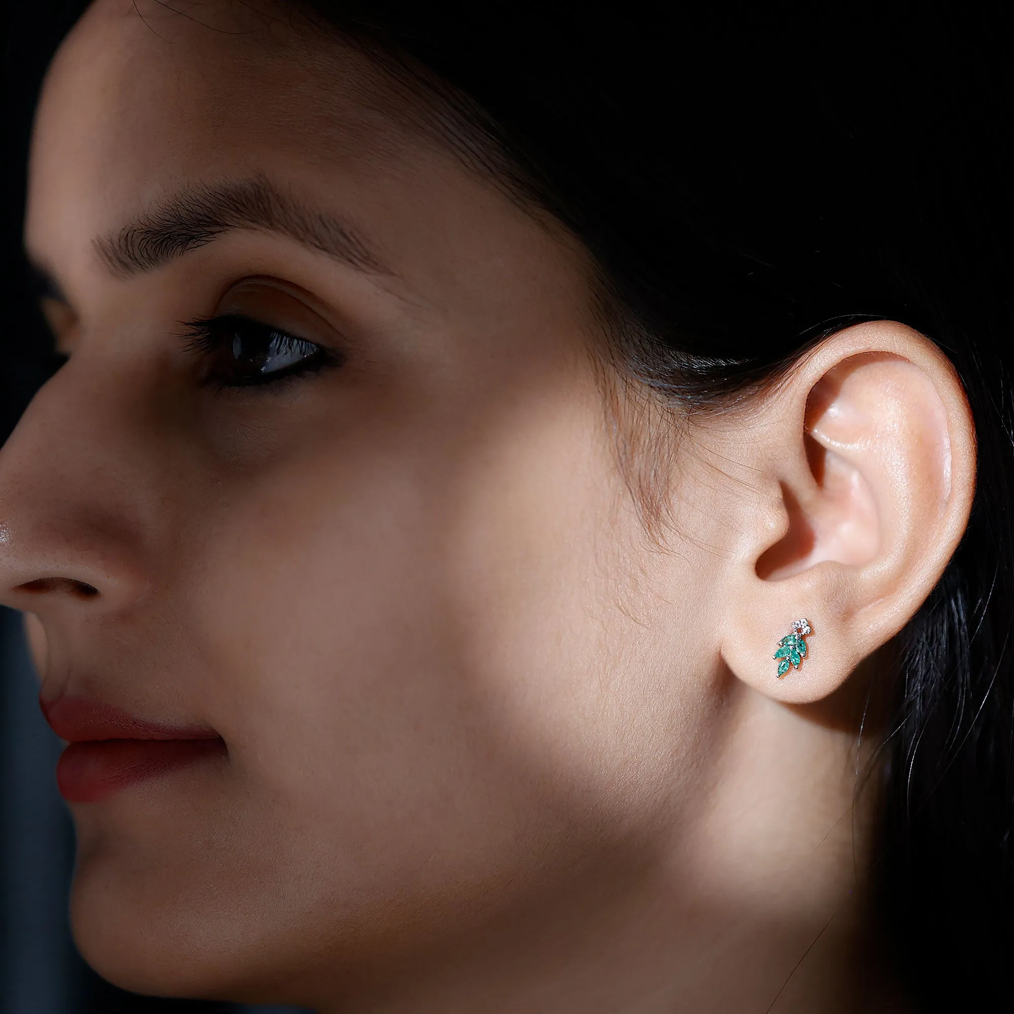 Real Emerald Leaf Stud Earrings with Moissanite