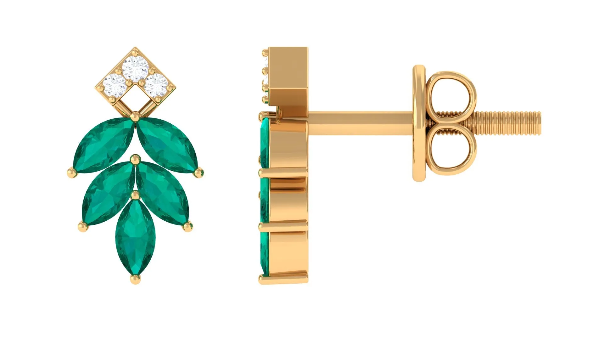 Real Emerald Leaf Stud Earrings with Moissanite