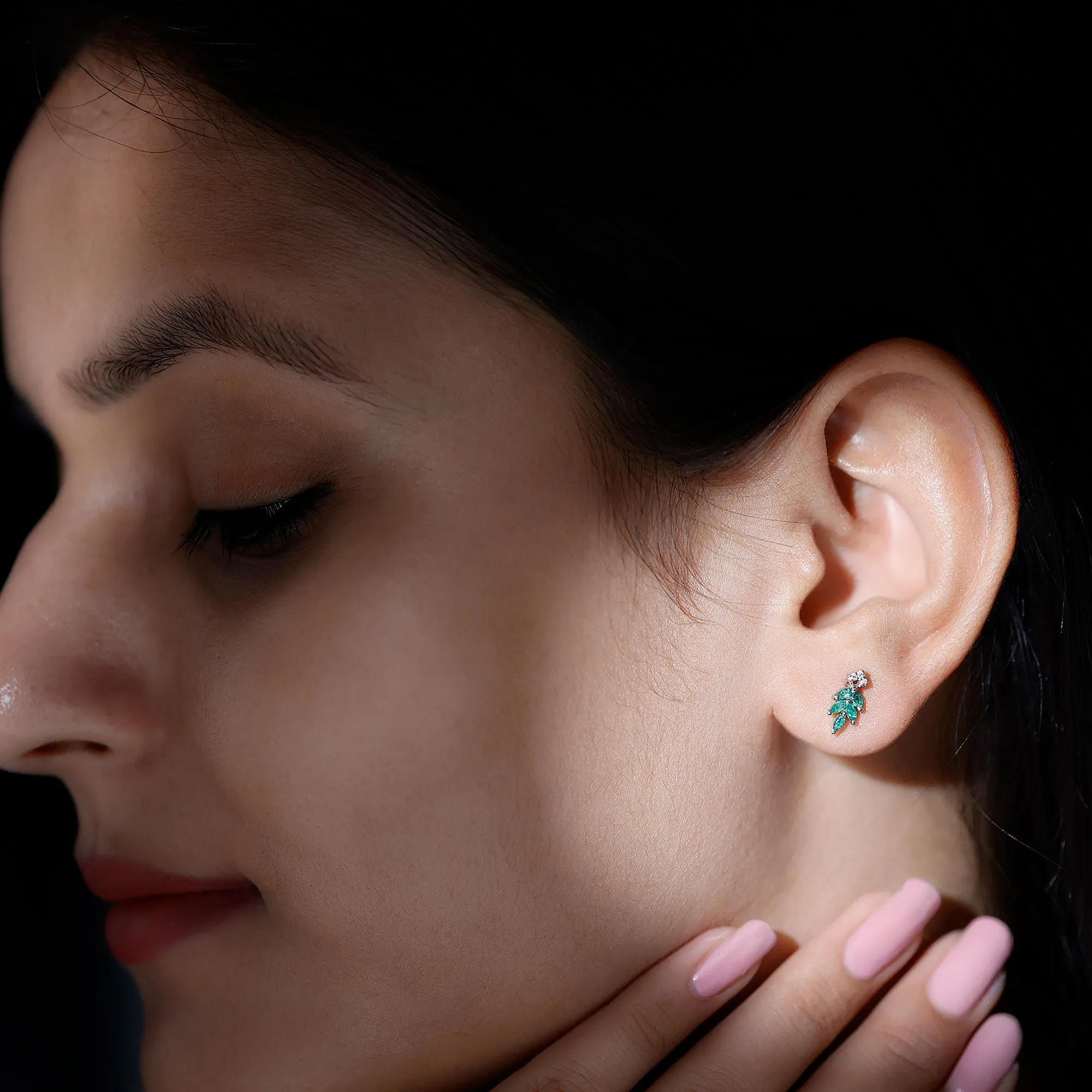 Real Emerald Leaf Stud Earrings with Moissanite