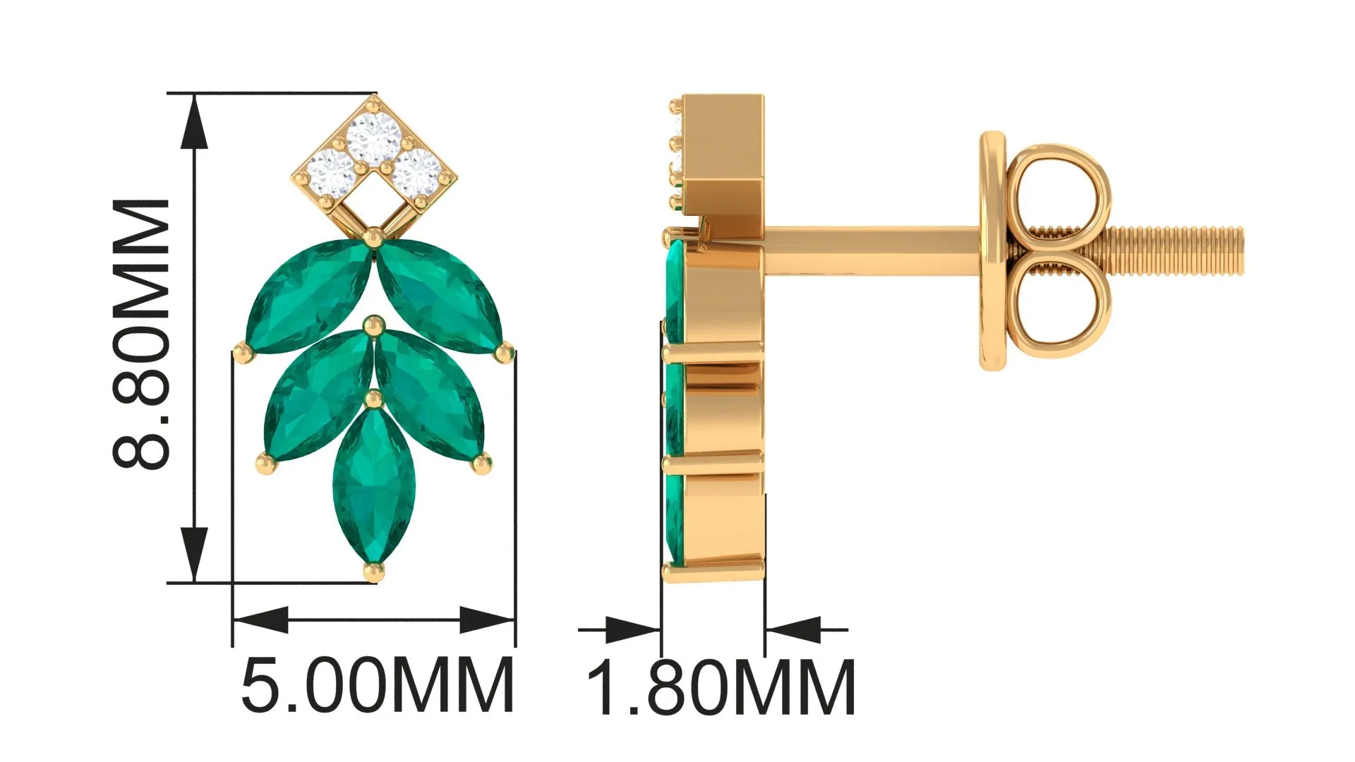 Real Emerald Leaf Stud Earrings with Moissanite