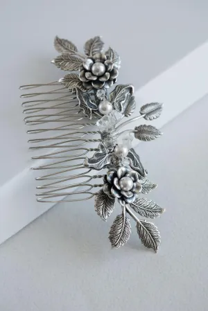 Silver floral hair comb with crystals and pearls