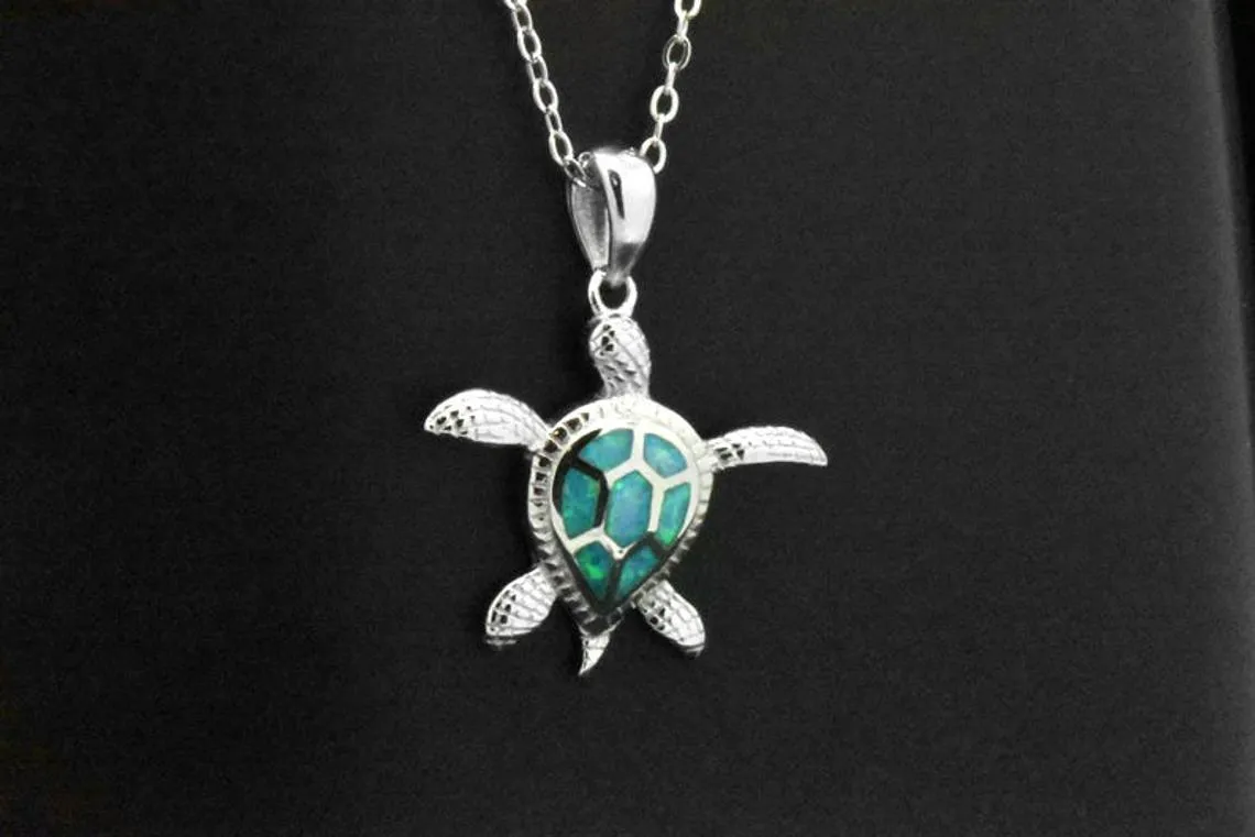 Sterling Silver Blue/Green Opal Turtle Salt Life Pendant Necklace