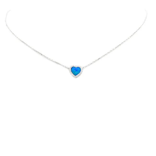 Sterling Silver CZ &  Opal Heart Pendant Necklace