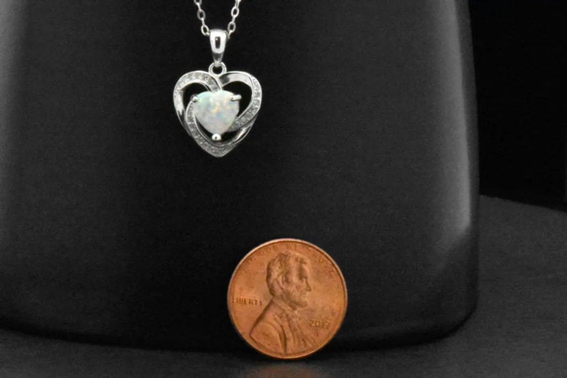 Sterling Silver White Heart Opal Halo Pendant Adjustable Necklace