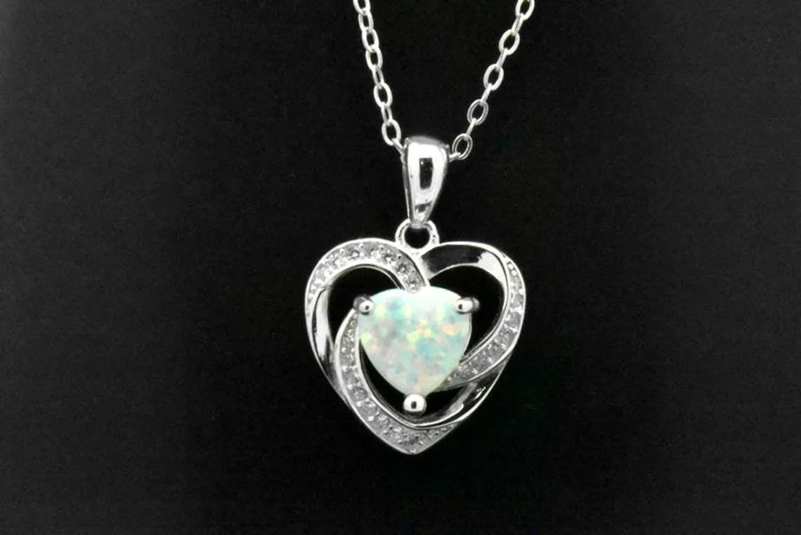 Sterling Silver White Heart Opal Halo Pendant Adjustable Necklace