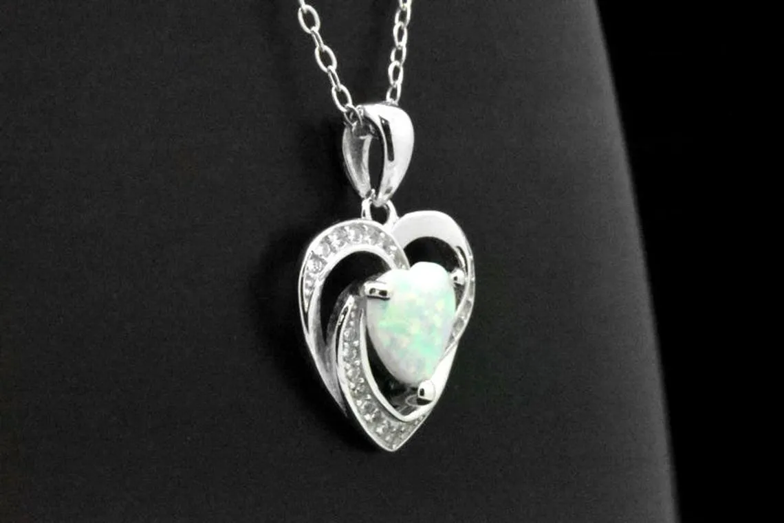 Sterling Silver White Heart Opal Halo Pendant Adjustable Necklace