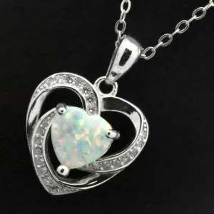 Sterling Silver White Heart Opal Halo Pendant Adjustable Necklace