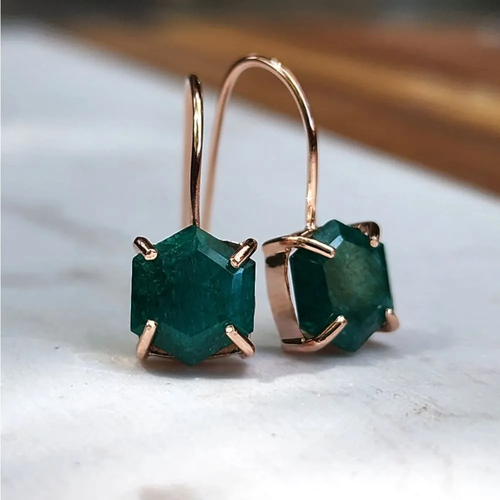The Ashera - Hexagon Natural Emerald Dangle Earrings